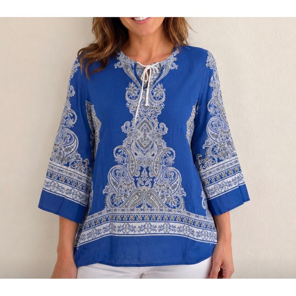 Counterparts Blue Paisley Cotton Boho Bell Sleeve Tie Neck Blouse Top 917P969HA